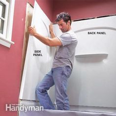 a man standing on top of a refrigerator in front of a pink wall with the words back panel and side panel