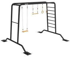 a black metal swing set with swings and bars on the bottom, and an overhead pull up