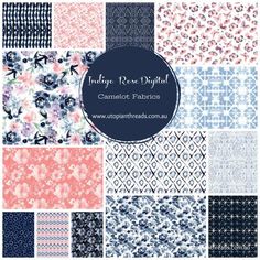 an assortment of blue and pink floral fabric patterns with the words indigo rose digital on it