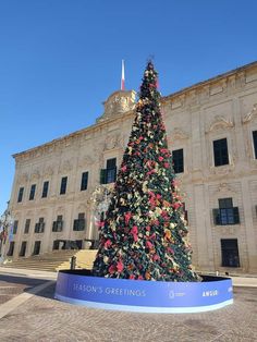 a large christmas tree in front of a building