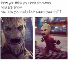 an image of a baby grooter with text that reads, how you think you look like when you are angry vs how you really look cause you're 51?