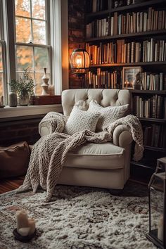 Fall reading nook created in a small tower room with 360-degree views of fall foliage Office With Reading Nook, Tiny Reading Nook, Small Reading Room Ideas, Home Library Ideas Cozy, Reading Retreat, Nook Inspiration, Reading Nook Ideas, Pnw Style, Cozy Ideas