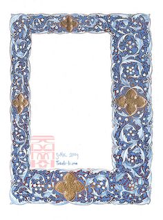 an ornate blue frame with gold flowers and leaves on the border, in chinese writing