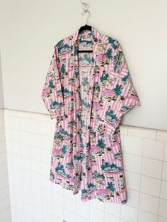 80s Striped Novelty Print Robe - Etsy Striped Summer Sleepwear, Striped Sleepwear For Summer Vacation, Retro Pink Sleepwear For Spring, Summer Printed Loungewear Robe, Retro Summer Sleepwear For Pajama Party, Pink Summer Robe For Sleepover, Printed Summer Robe For Home, Pink Cotton Robe For Daywear, Summer Printed Robe For Home