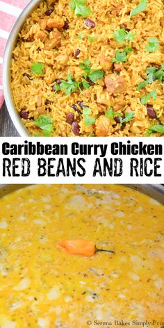 two pictures with different types of food in them and the words, garban curry chicken red beans and rice