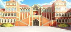 a large red brick building with many windows on it's sides and stairs leading up to the entrance