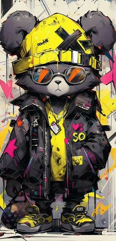 a painting of a teddy bear wearing a yellow helmet and jacket with goggles on