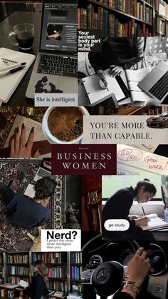 a collage of photos with people working on laptops, books and other items