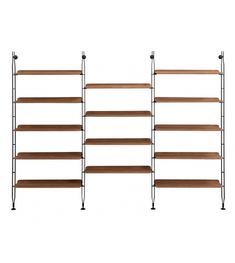 three wooden shelves with black metal legs and one shelf has four wood shelves on each side