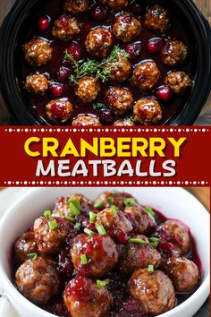 cranberry meatballs in a white bowl with text overlay