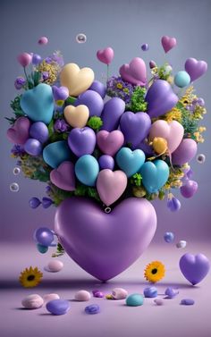 a heart - shaped vase filled with lots of colorful hearts and flowers on a purple background