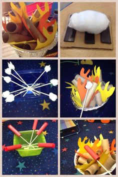 four pictures show different stages of making firecrackers and marshmallows