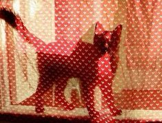 a red dog is standing in front of a window with polka dots on it's curtains