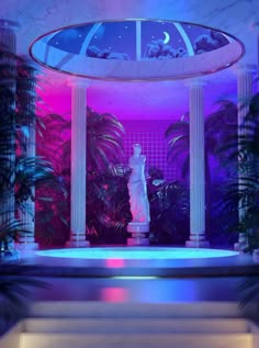 a statue is in the middle of a room with columns and plants on either side