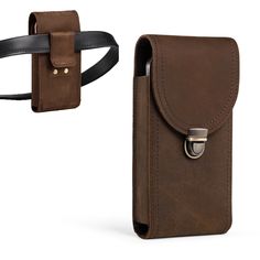 a brown leather case with a belt clip on the side and an empty cell phone in it