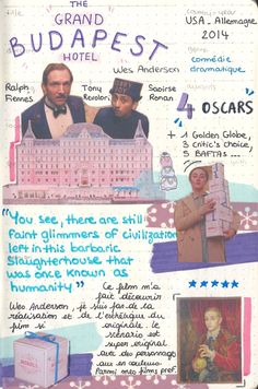 an advertisement for the grand budapest hotel, with pictures of people in front of it