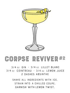 a drawing of a glass with a lemon in it and the words corpse reviver