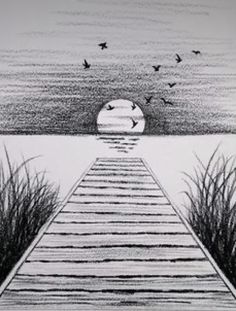 a drawing of a dock with birds flying over it and the sun in the distance