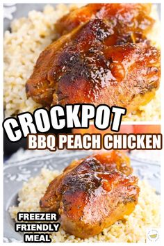 crockpot bbq peach chicken is on top of rice with the words, crockpot bbq peach chicken