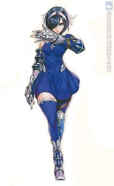 an anime character is dressed in blue and holding her hand on her hip while walking