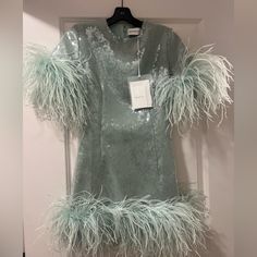 Color On Tag: Ice (Minty Green Blue) Size: Uk 6 Us 2 Condition: Never Been Worn Tags Still On Bought But Thinking I Might Find Something Better A Little Small On Me. Willing To Take Offers Winter Mini Dress With Feathers, Glamorous Winter Mini Dress With Feathers, Sequin And Feather Dress, 16 Arlington Feather, Party Mini Sequin Dress With Feather Trim, Blue Feather Trim Dress, 16 Arlington, Reception Look, Minty Green