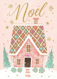 a christmas card with a pink house and trees on the front, which says noel