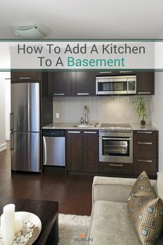 a modern kitchen with stainless steel appliances and wood flooring is featured in the article how to add a kitchen to a basement