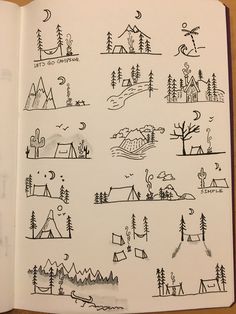 an open notebook with doodles on it showing camping related items and trees in the background