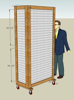 a drawing of a man standing next to a tall screen