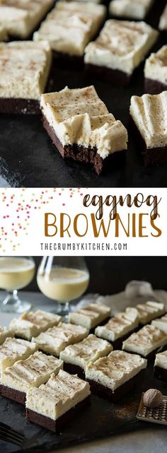 eggnog brownies with white frosting are on a baking sheet and ready to be eaten