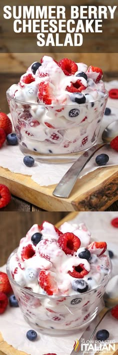 this summer berry cheesecake salad is made with fresh strawberries and blueberries in the batter