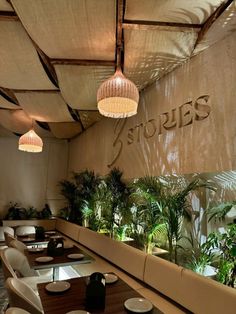 the interior of a restaurant with tables, chairs and potted plants on the wall