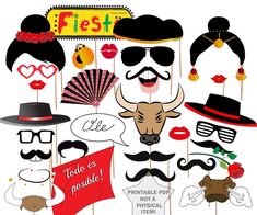 an assortment of photo booth props including mustaches, hats, and other items for a masquerade party