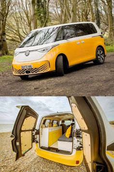 an orange and white van parked on top of a dirt road