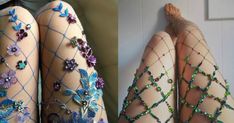 two pictures of legs with beads and flowers on them, one is wearing fishnet stockings