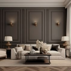 a living room filled with lots of furniture next to a wall covered in brown paneling