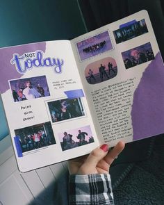 a person holding up a book with pictures on it and the words not today written in purple