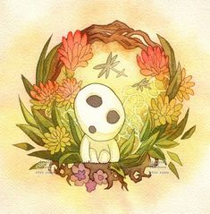 a drawing of a cartoon character surrounded by flowers