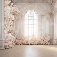 an empty room with white walls and wooden floors is shown in the foreground, there are many pink flowers on the floor