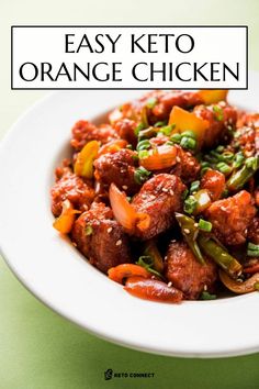 an easy keto orange chicken recipe in a white bowl on a green tablecloth