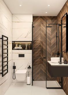 a modern bathroom with wood paneling and white tile on the walls, along with a walk in shower