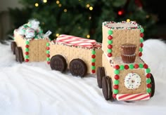 there is a small train made out of cookies