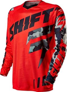 a red and black shirt with the word shift on it's chest, in front of a white background