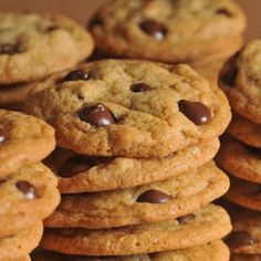 chocolate chip cookies stacked on top of each other