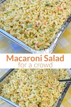 Collage of Macaroni Salad for a Crowd with text Graduation Party Side Dishes, Cheap Cookout Food For A Crowd, Cookout Sides For A Crowd, Big Meals For A Crowd, Cookout Side Dishes For A Crowd, Cheap Party Food For A Crowd, Amish Macaroni Salad Recipe, Side Dish For A Crowd