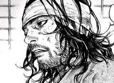 a black and white drawing of a man with long hair wearing a bandana, looking to his left