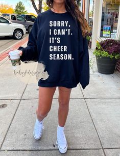 Sorry I Can't Cheer Season, Cheer Competition Sweatshirt, Cheer Coach Gift, Cheer Mom Sweatshirt  Spirit Wear, Cheerleader Sweater 📋 HOW TO ORDER: 1. Select the size (unisex sizing - size up 1 size for loose & 2 sizes for oversized as shown) 2. Select the color 3. Select the quantity 4. Add personalization if required 5.Add to Cart ("buy now" will take you directly to checkout and "add to cart" will allow you to continue shopping with us) 6. Submit order (Shipping will automatically be combined Cheer Coach Competition Outfit, Coaches Gift Ideas Cheerleading, Cheer Coach Outfit Style, Cheer Mom Sweatshirt, Cheer Mom Sweatshirt Ideas, Cheer Mom Outfit Ideas, Cheer Coach Outfit, Cheer Sweaters, Cheer Mom Outfit