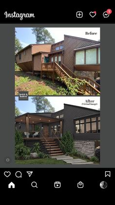 the before and after pictures of a house with sidings on it, including stairs