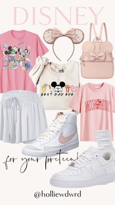 the disney shirt is pink, white and has mickey ears on it