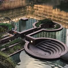 an outdoor area with steps and plants on the water's edge, next to a pond